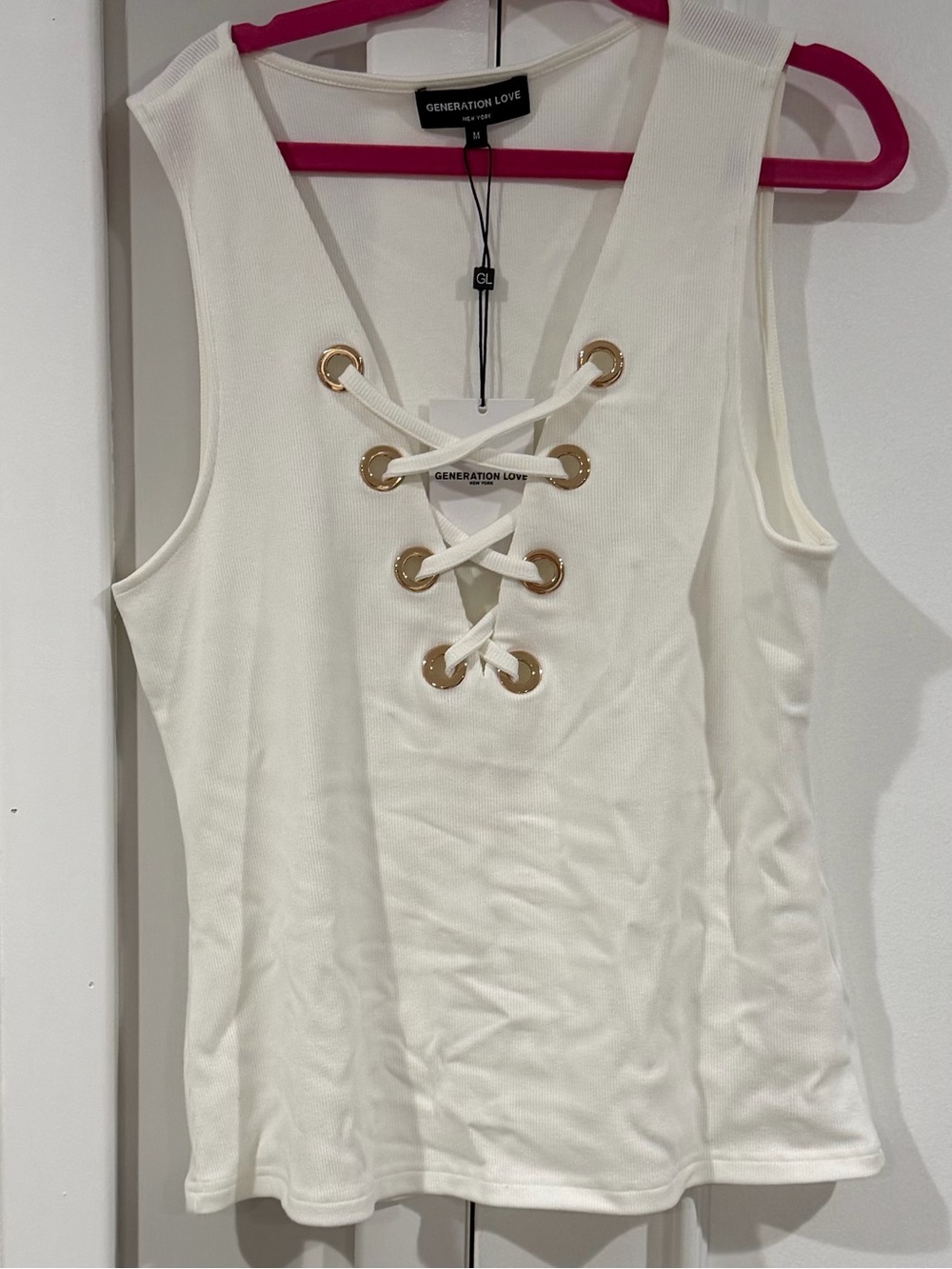 Generation Love Cream Lace-Up V-Neck Tank with Gold Grommets